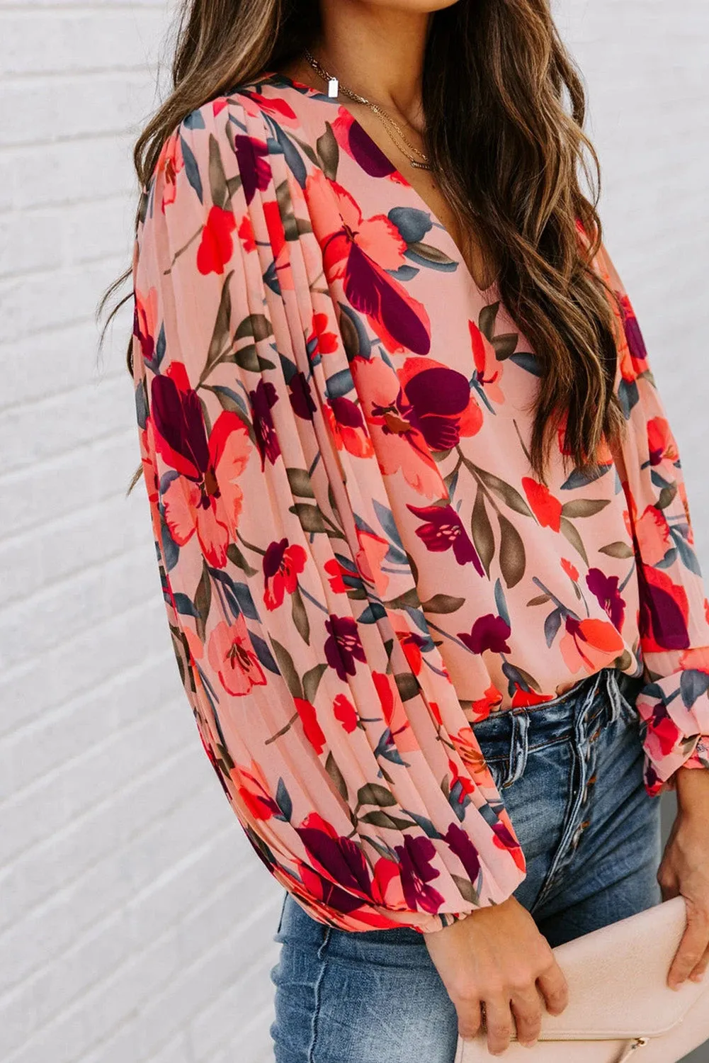 Floral Pleated Balloon Sleeve Blouse