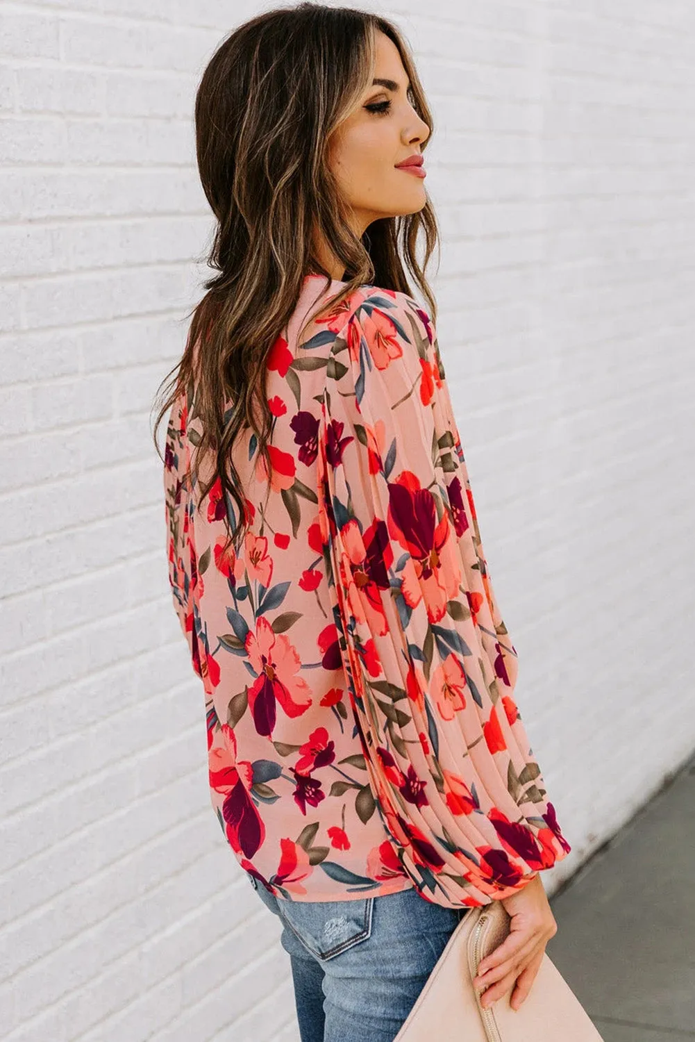 Floral Pleated Balloon Sleeve Blouse