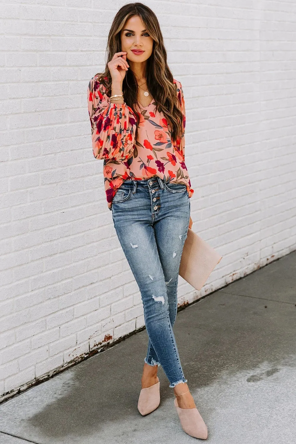 Floral Pleated Balloon Sleeve Blouse