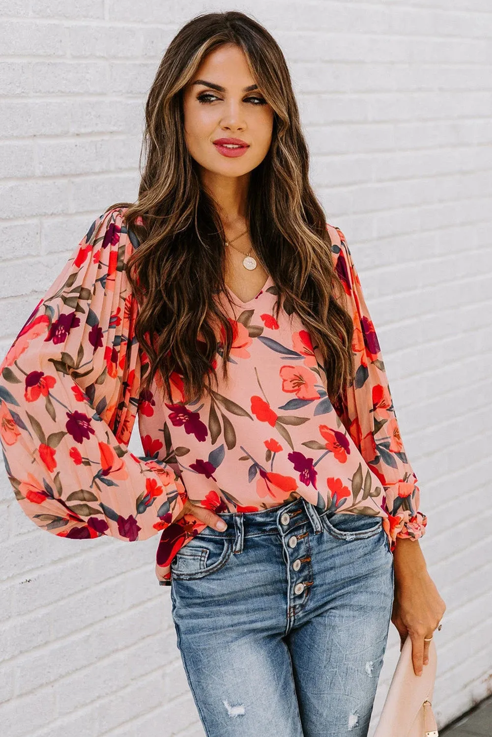 Floral Pleated Balloon Sleeve Blouse