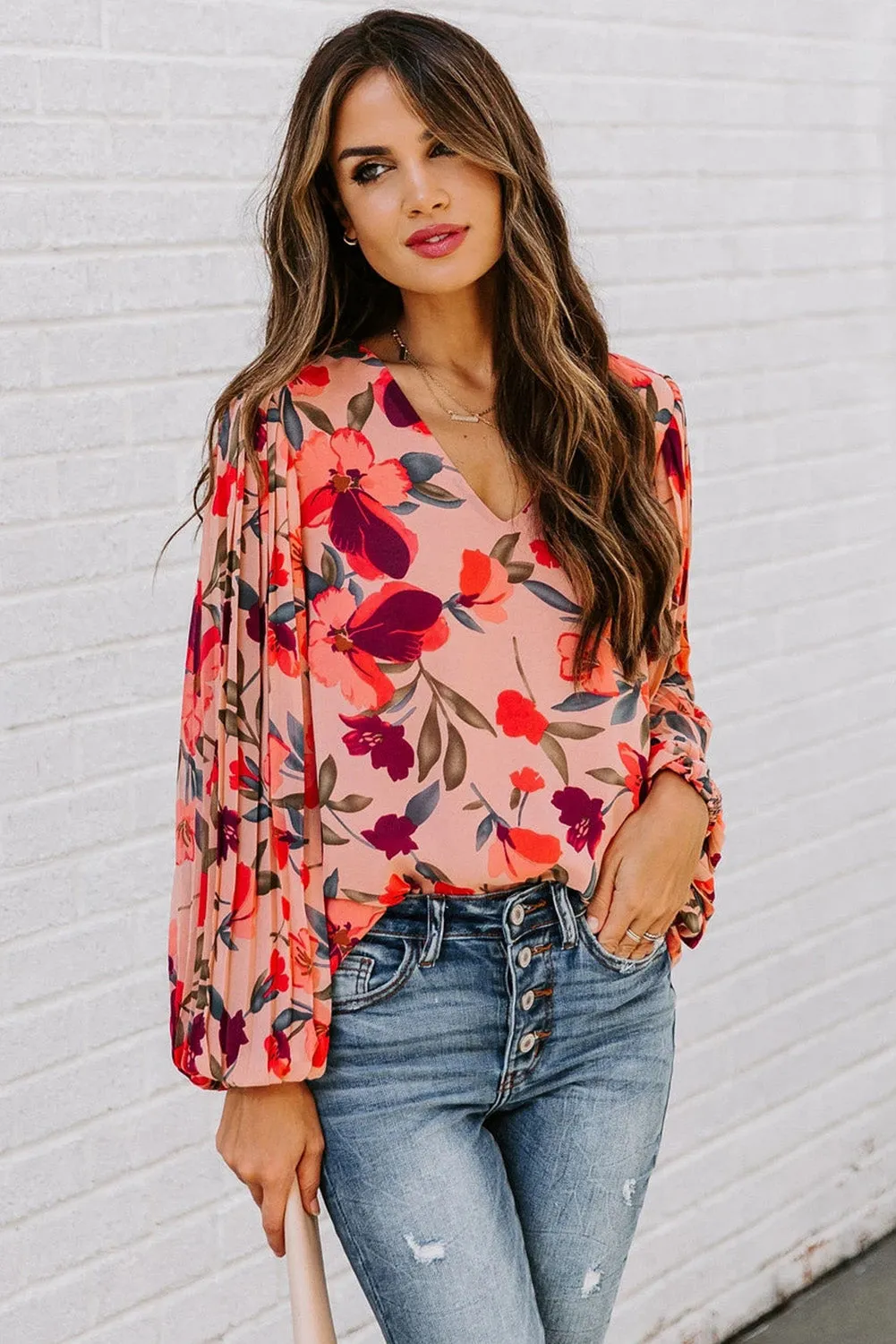 Floral Pleated Balloon Sleeve Blouse