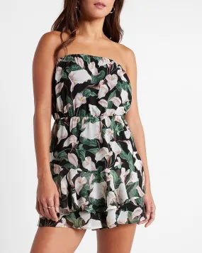 Floral Print Strapless Ruffle Romper Skort in Black Print