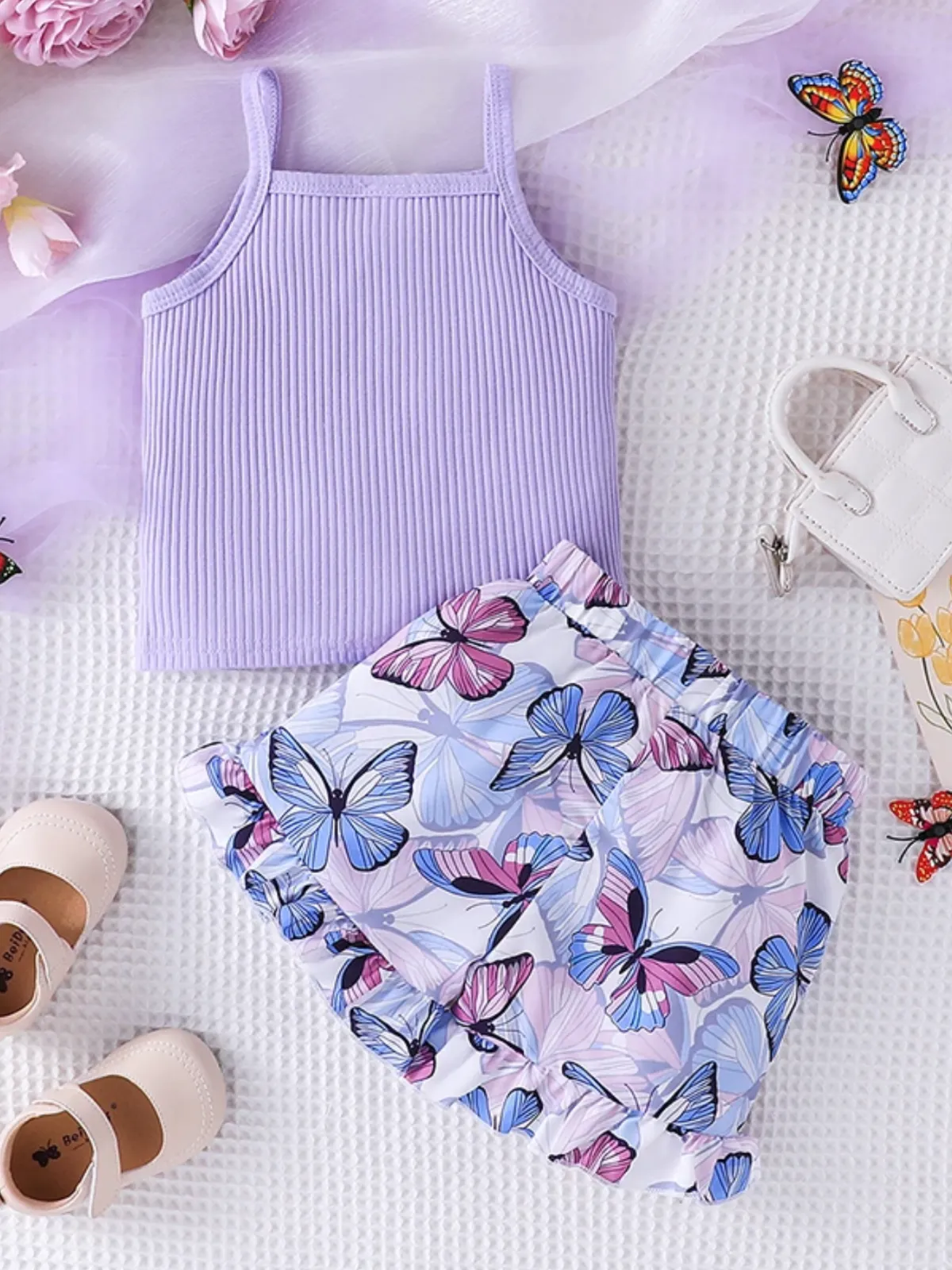 Flutter Free Purple Top And Butterfly Ruffle Shorts Set