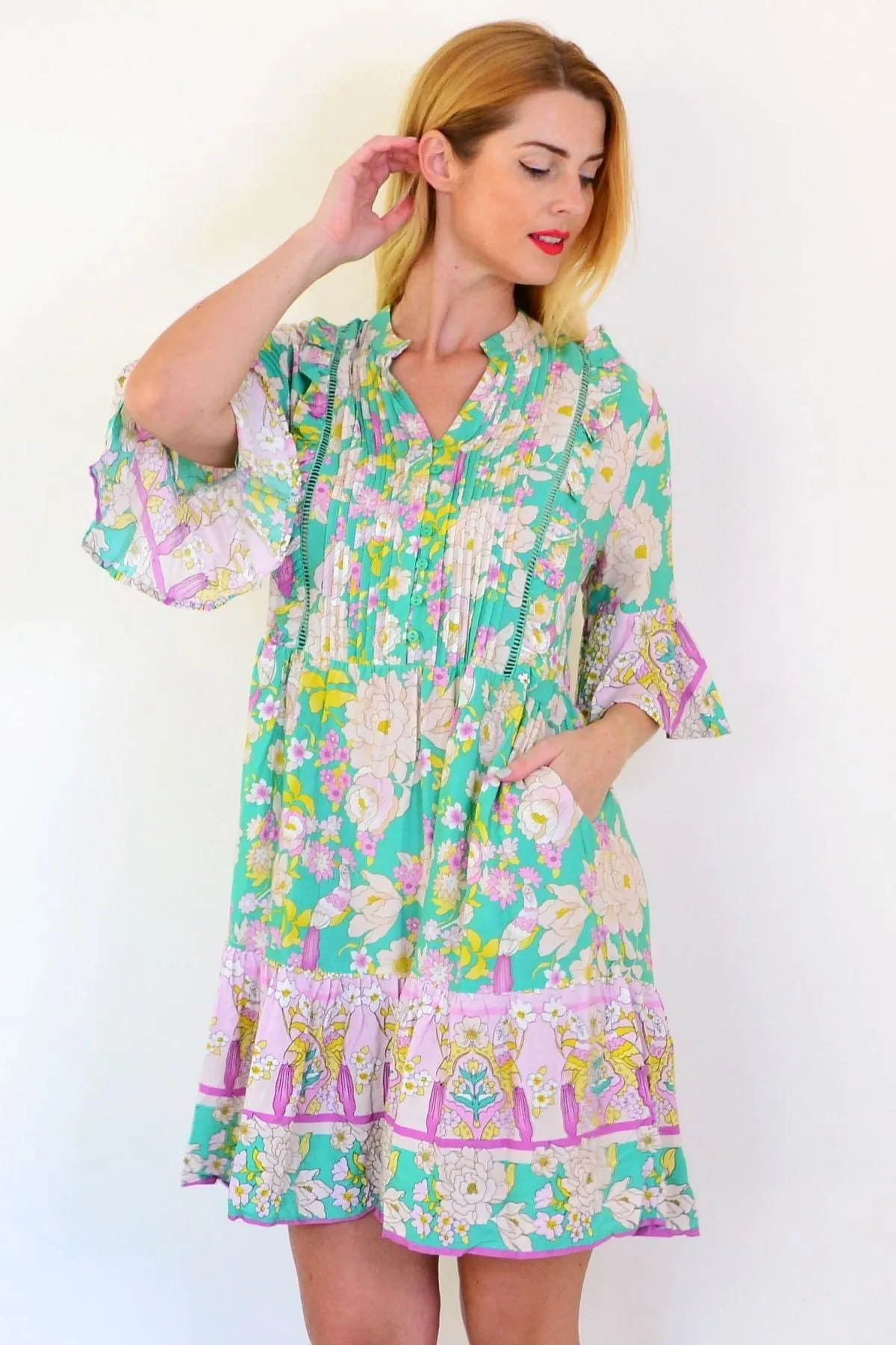 Green Floral Print Bohemian Dress