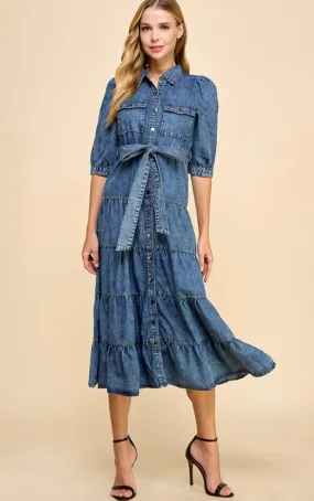 Hazel Denim Tiered MIDI Dress