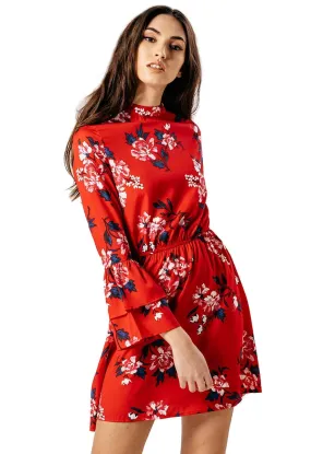 High Neck Floral Dress With Tiered Sleeve