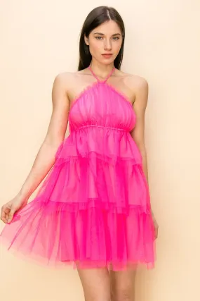 Hot Pink Tiered Tulle Mini Dress