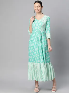 Indibelle Rayon Floral Print Flared Maxi Dress (Teal)