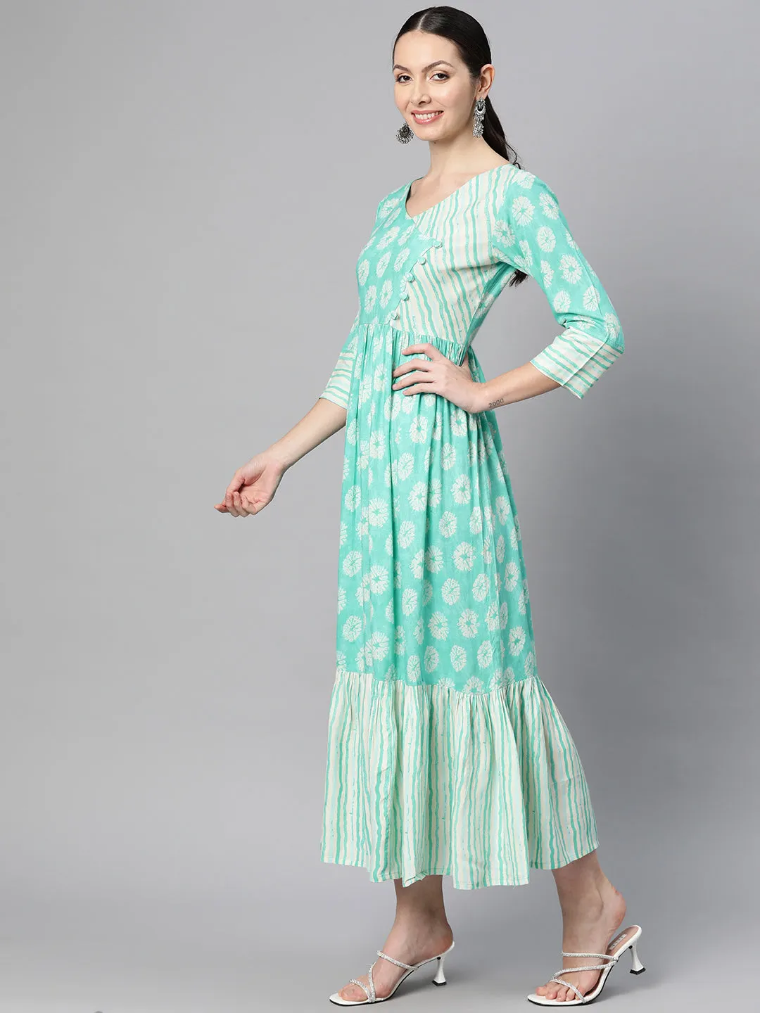 Indibelle Rayon Floral Print Flared Maxi Dress (Teal)