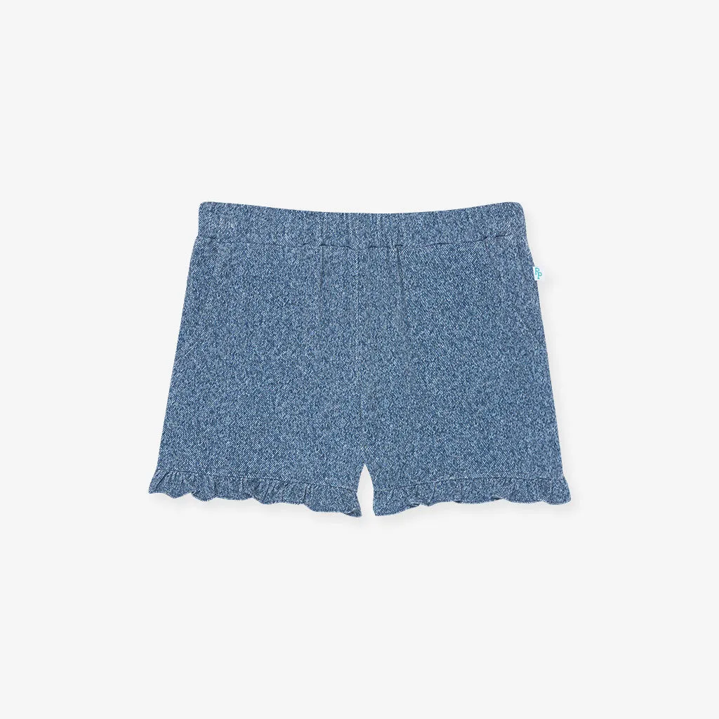 Indigo Denim French Terry Ruffled Shorts