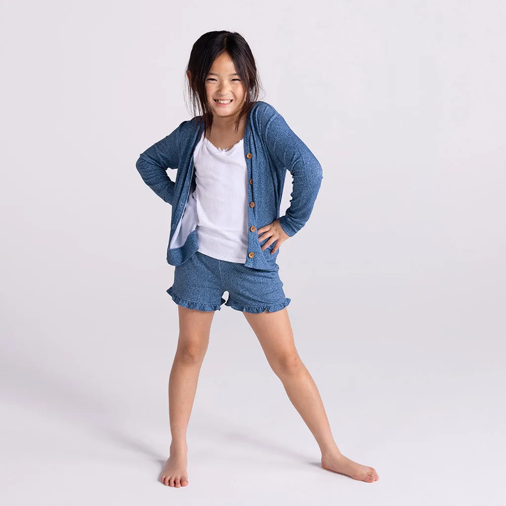 Indigo Denim French Terry Ruffled Shorts