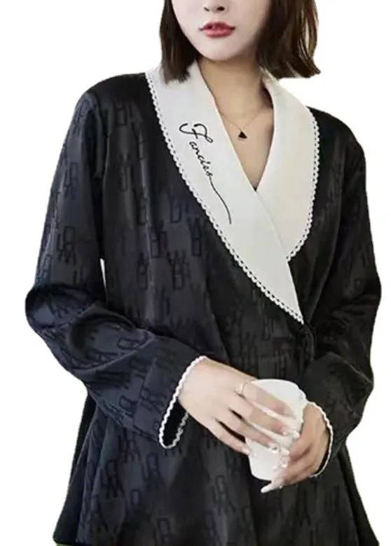 Jacquard Black Peter Pan Collar Patchwork Tie Waist Ice Silk Pajamas Two Pieces Set Spring LY1884