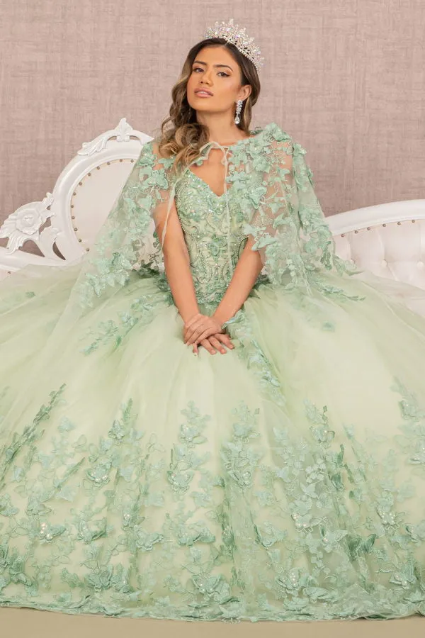 Jewel Mesh Quinceanera Gown w/ 3-D Butterfly Appliques and Long Mesh Capes by Elizabeth K - GL3104