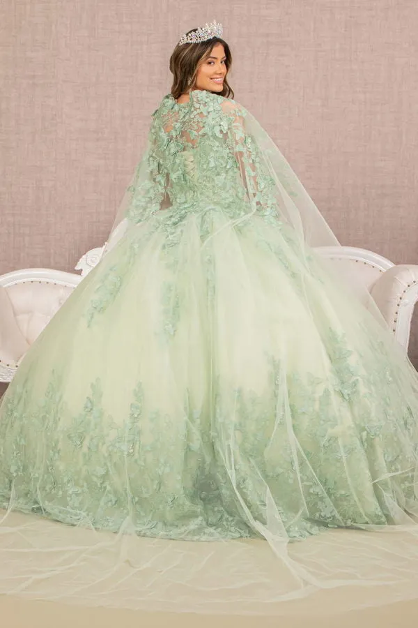 Jewel Mesh Quinceanera Gown w/ 3-D Butterfly Appliques and Long Mesh Capes by Elizabeth K - GL3104