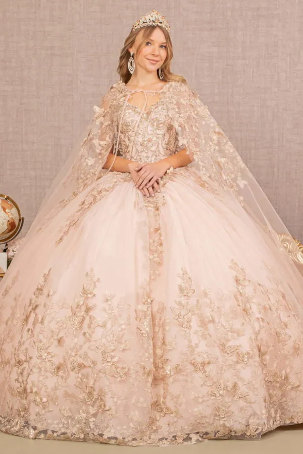 Jewel Mesh Quinceanera Gown w/ 3-D Butterfly Appliques and Long Mesh Capes by Elizabeth K - GL3104