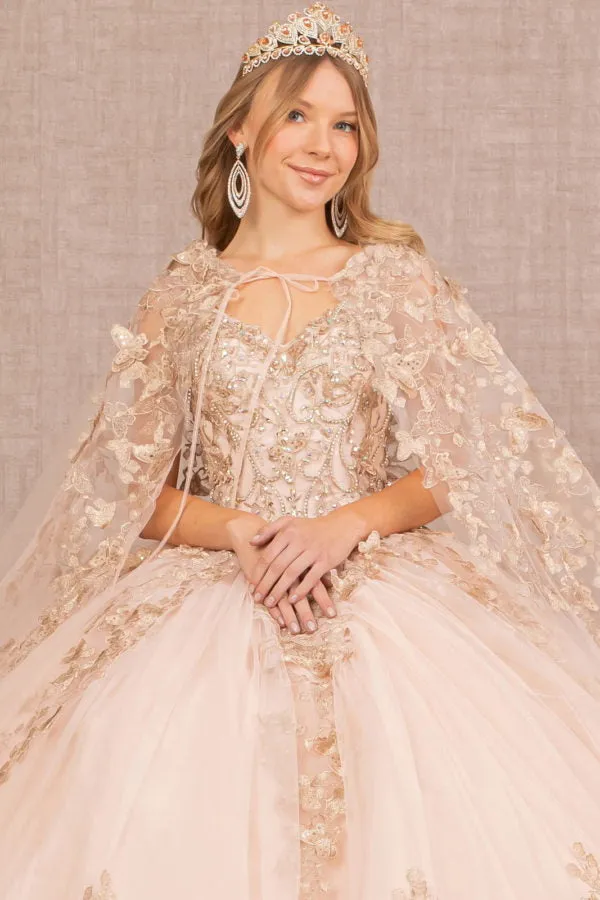 Jewel Mesh Quinceanera Gown w/ 3-D Butterfly Appliques and Long Mesh Capes by Elizabeth K - GL3104