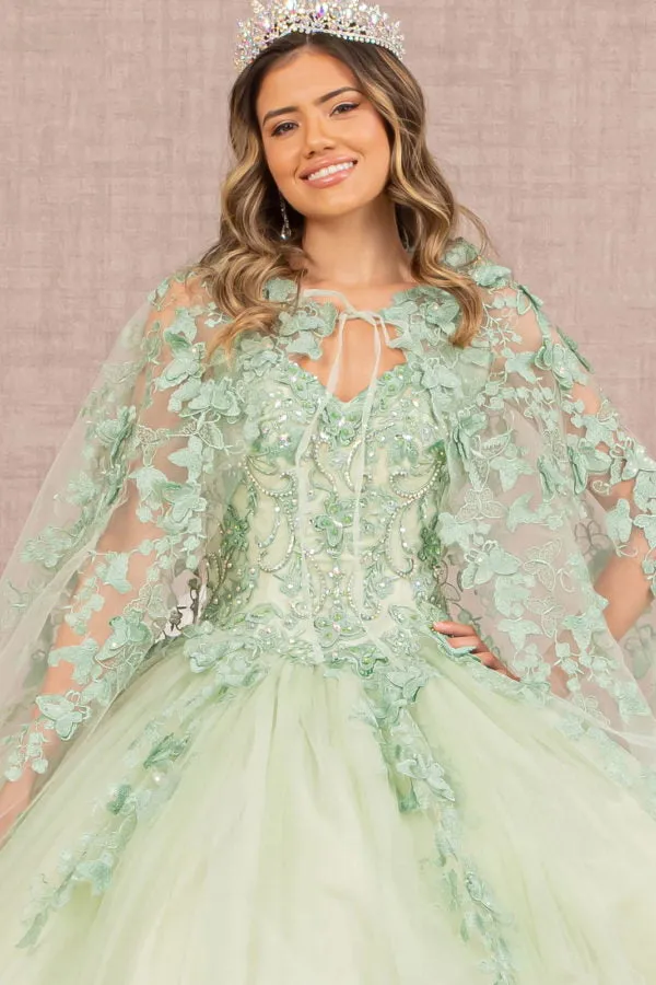 Jewel Mesh Quinceanera Gown w/ 3-D Butterfly Appliques and Long Mesh Capes by Elizabeth K - GL3104