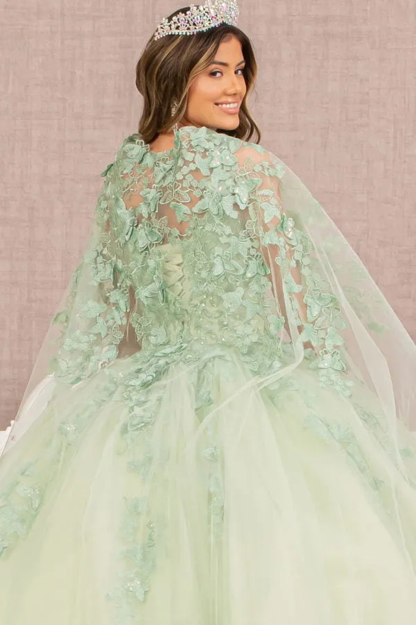 Jewel Mesh Quinceanera Gown w/ 3-D Butterfly Appliques and Long Mesh Capes by Elizabeth K - GL3104