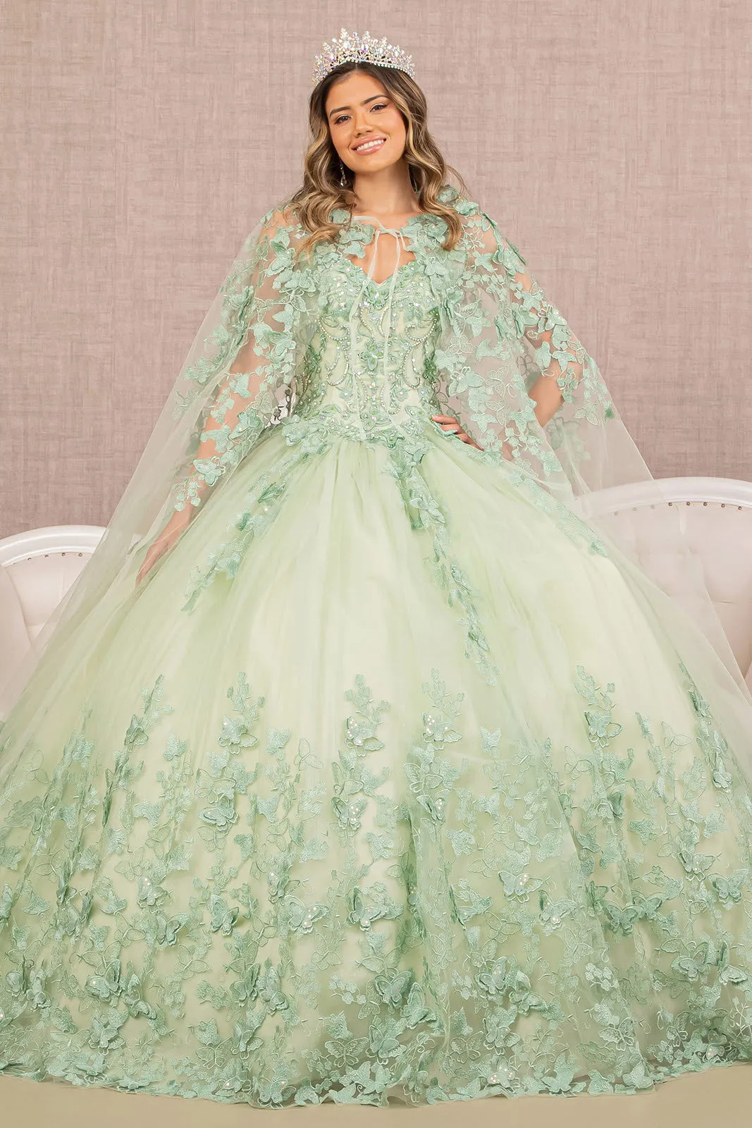 Jewel Mesh Quinceanera Gown w/ 3-D Butterfly Appliques and Long Mesh Capes by Elizabeth K - GL3104