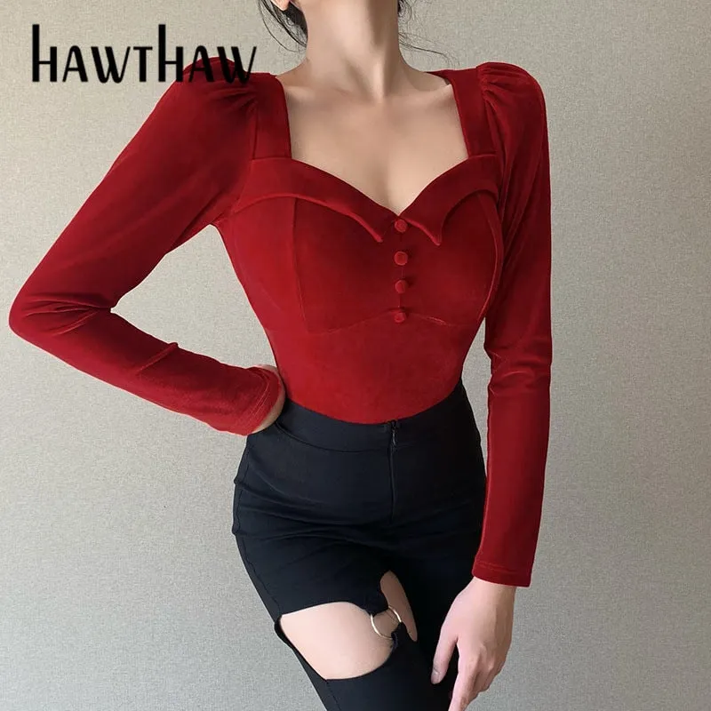 Joskaa Christmas Gift Hawthaw Women Fashion Autumn Winter Long Sleeve Square Neck Velvet Female Soild Color Tops T Shirt 2024 Fall Clothes Streetwear