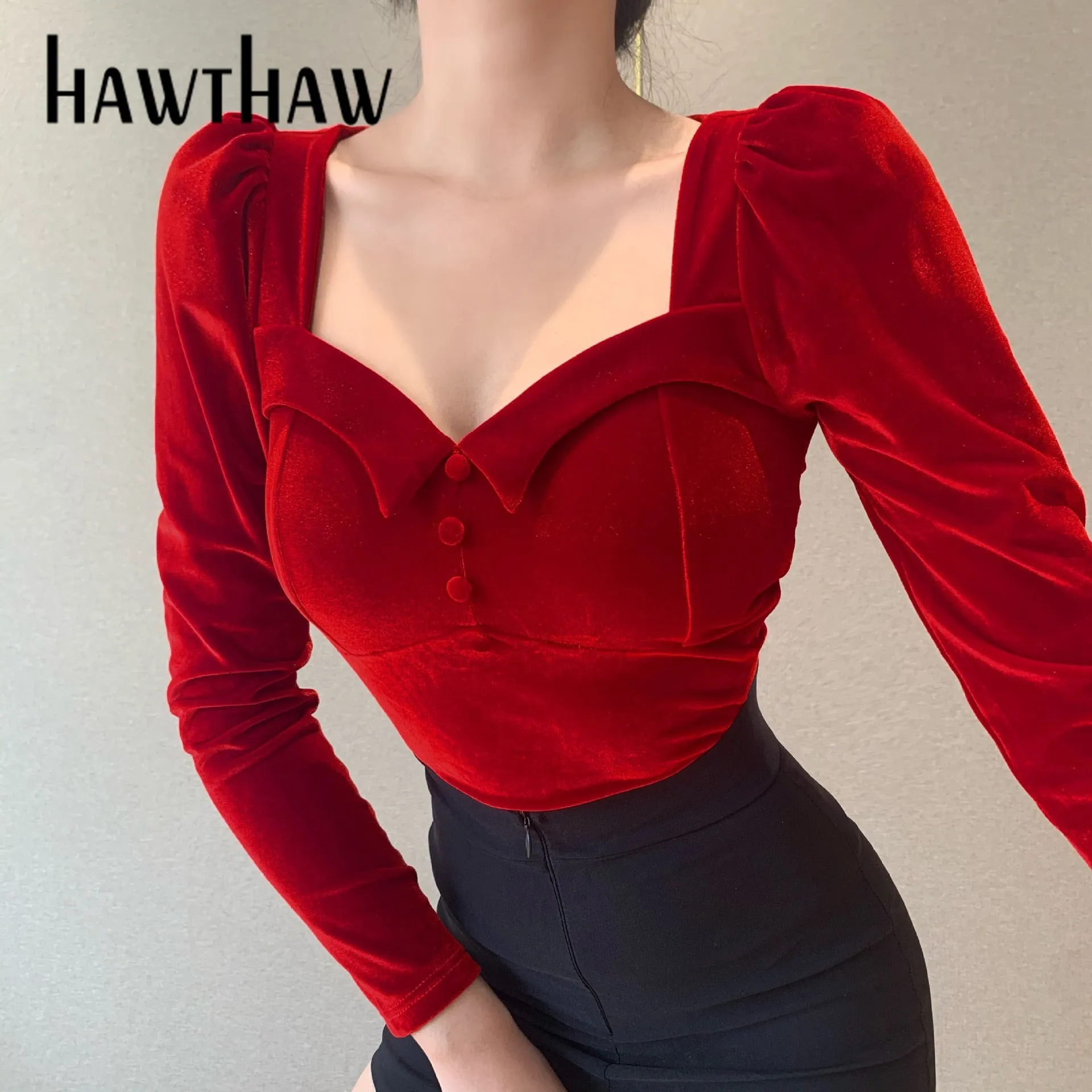 Joskaa Christmas Gift Hawthaw Women Fashion Autumn Winter Long Sleeve Square Neck Velvet Female Soild Color Tops T Shirt 2024 Fall Clothes Streetwear