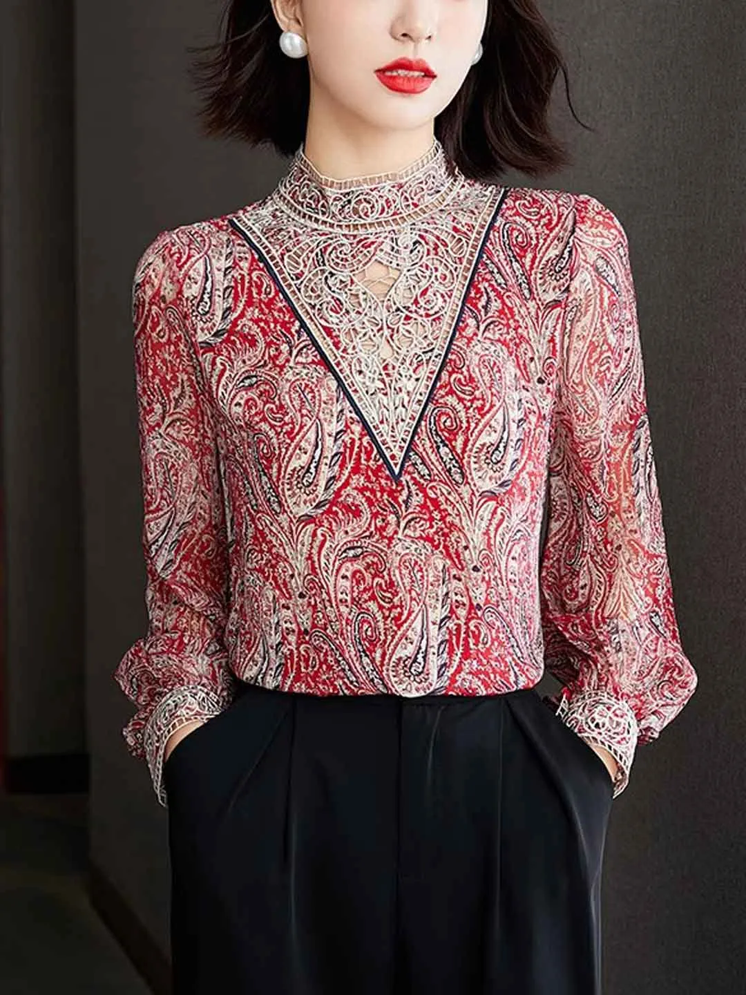 Kayla Retro Embroidered Balloon Sleeve Blouse