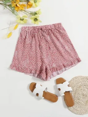 Knot Front Ruffle Hem Dot Print Shorts