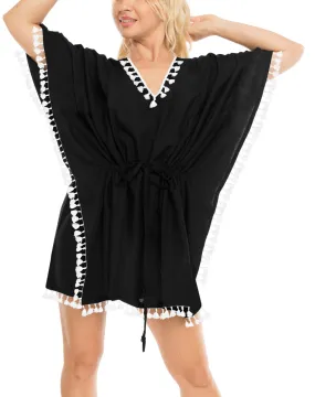 La Leela Kimono Blouse Bikini Swimwear Swimsuit Beach wear Pom Pom Cover up blac