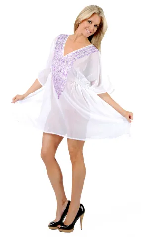 La Leela White Lightweight Chiffon Deep Neck Embroidered Swimwear Cover up TUNIC