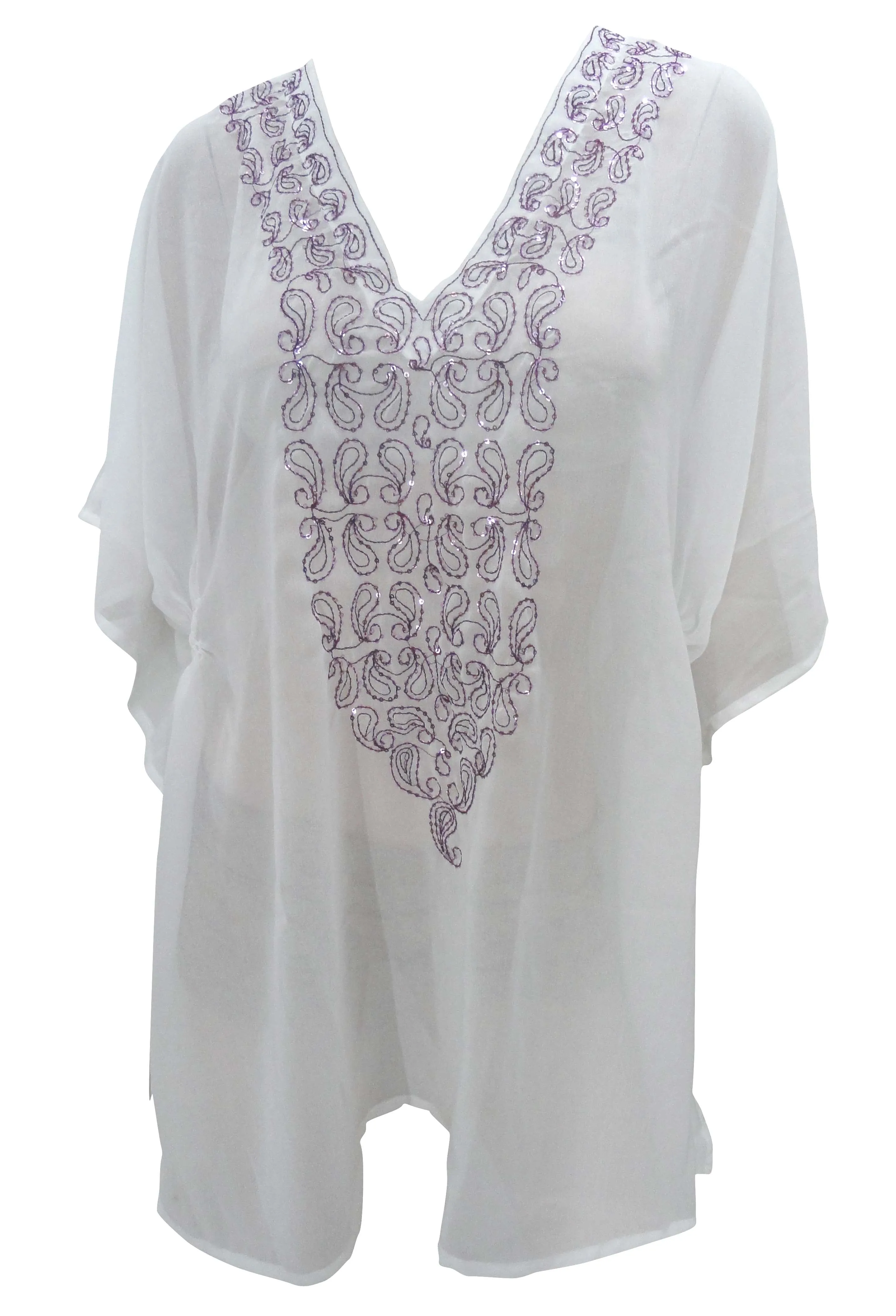 La Leela White Lightweight Chiffon Deep Neck Embroidered Swimwear Cover up TUNIC