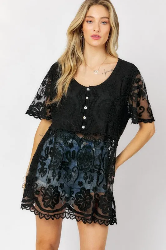 Lace Crochet Round Neck Button Down Top • More Colors