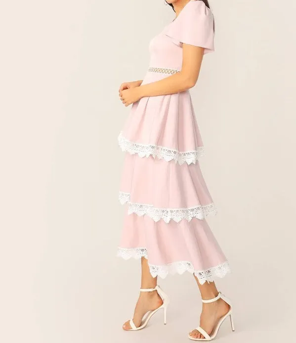 Lace Trim Flutter Sleeve Layered Ruffle Dress