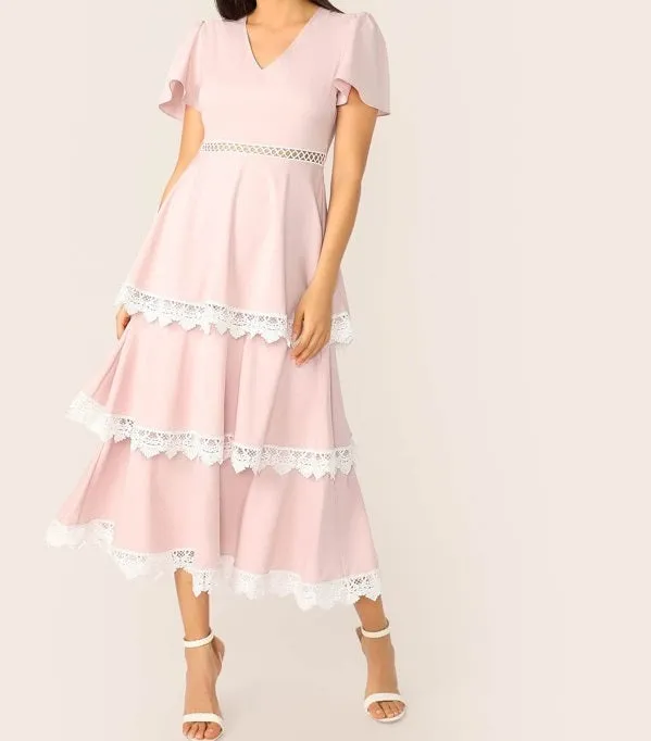 Lace Trim Flutter Sleeve Layered Ruffle Dress