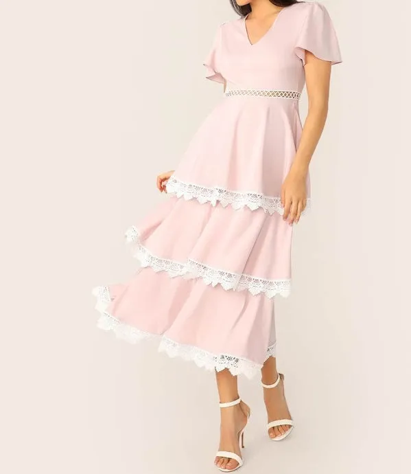 Lace Trim Flutter Sleeve Layered Ruffle Dress