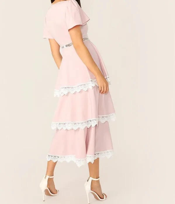 Lace Trim Flutter Sleeve Layered Ruffle Dress