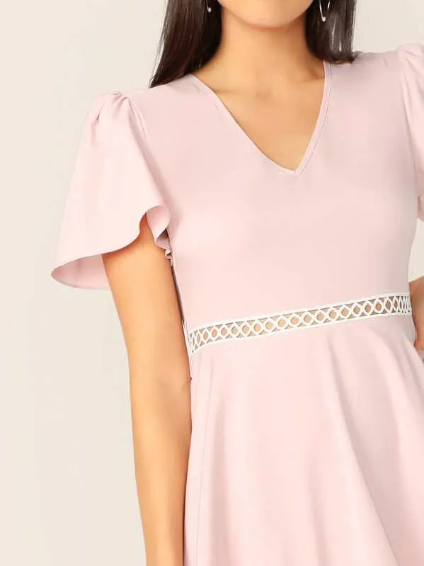 Lace Trim Flutter Sleeve Layered Ruffle Dress