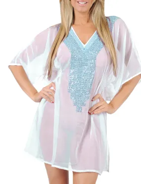 Ladies LIGHTWEIGHT CHIFFON Sequin Beachwear Dress Cover up Caftan Plus Sea Blue