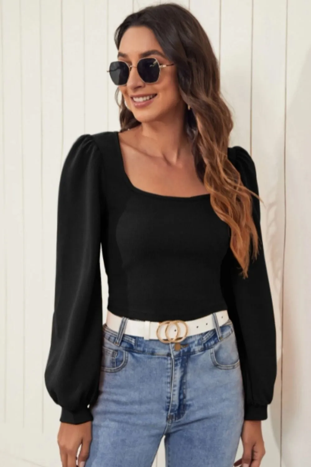 Lantern Sleeve Square Neck Top