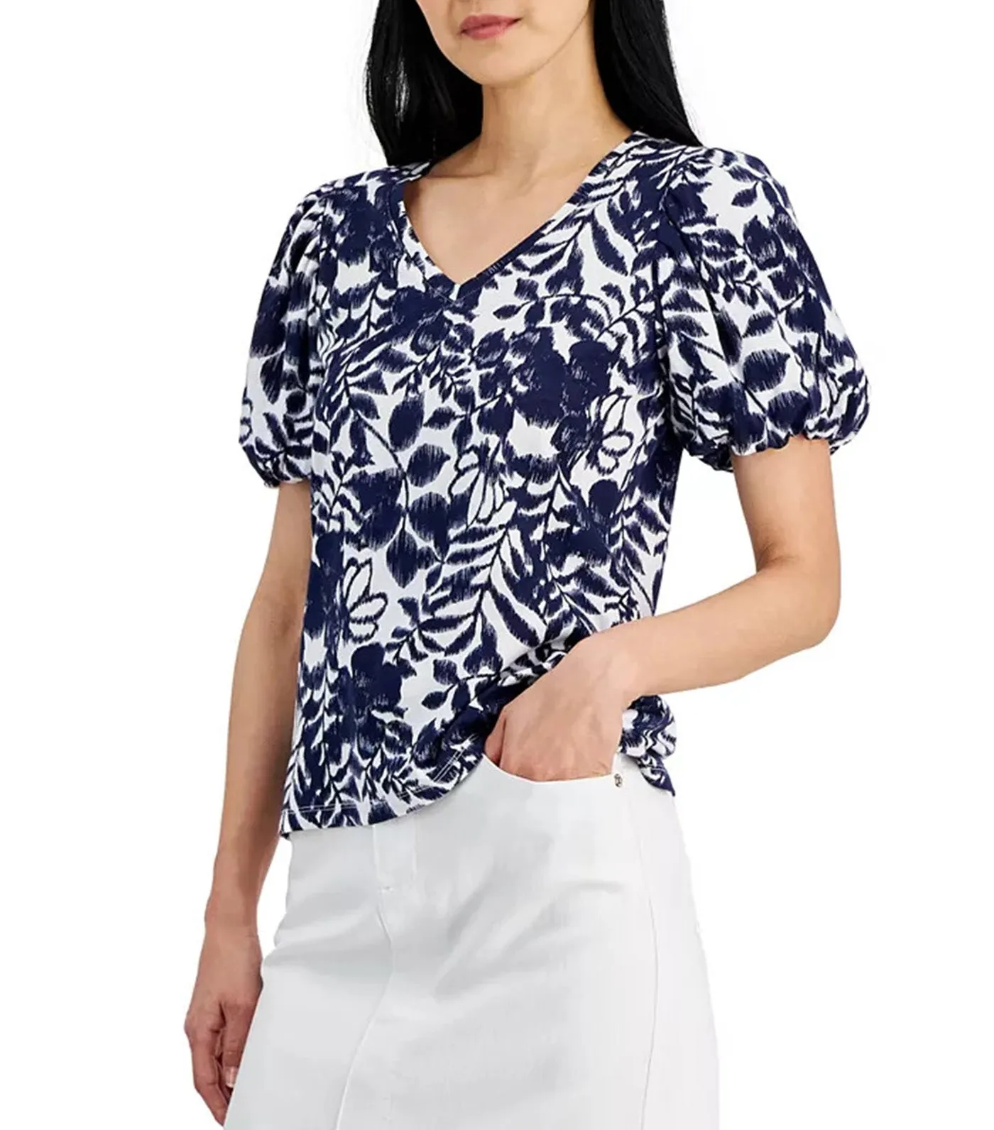 Leaf-Print Balloon-Sleeve Top Distant Mountain/Bright White