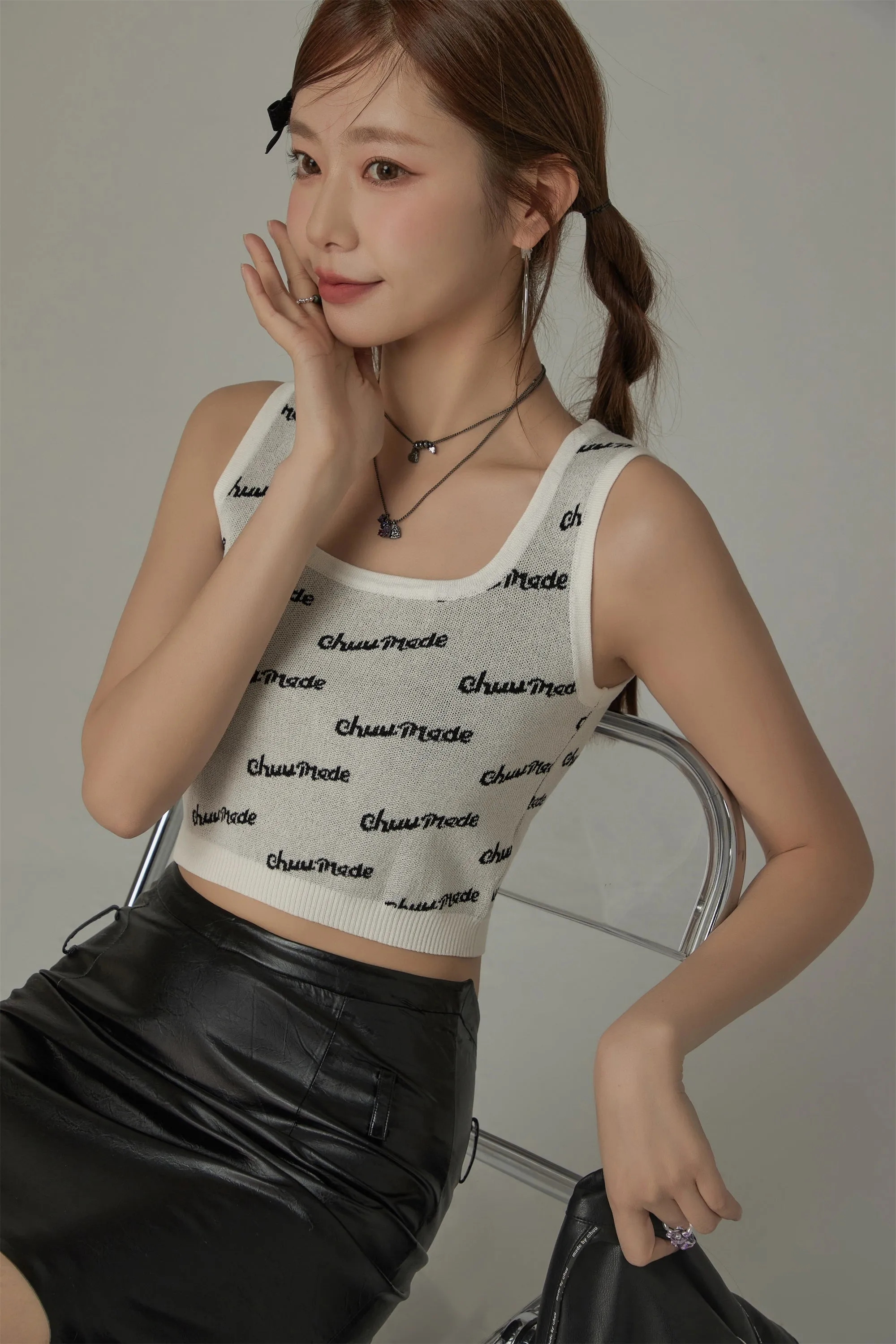 Lettering Square Neck Knitted Crop Top