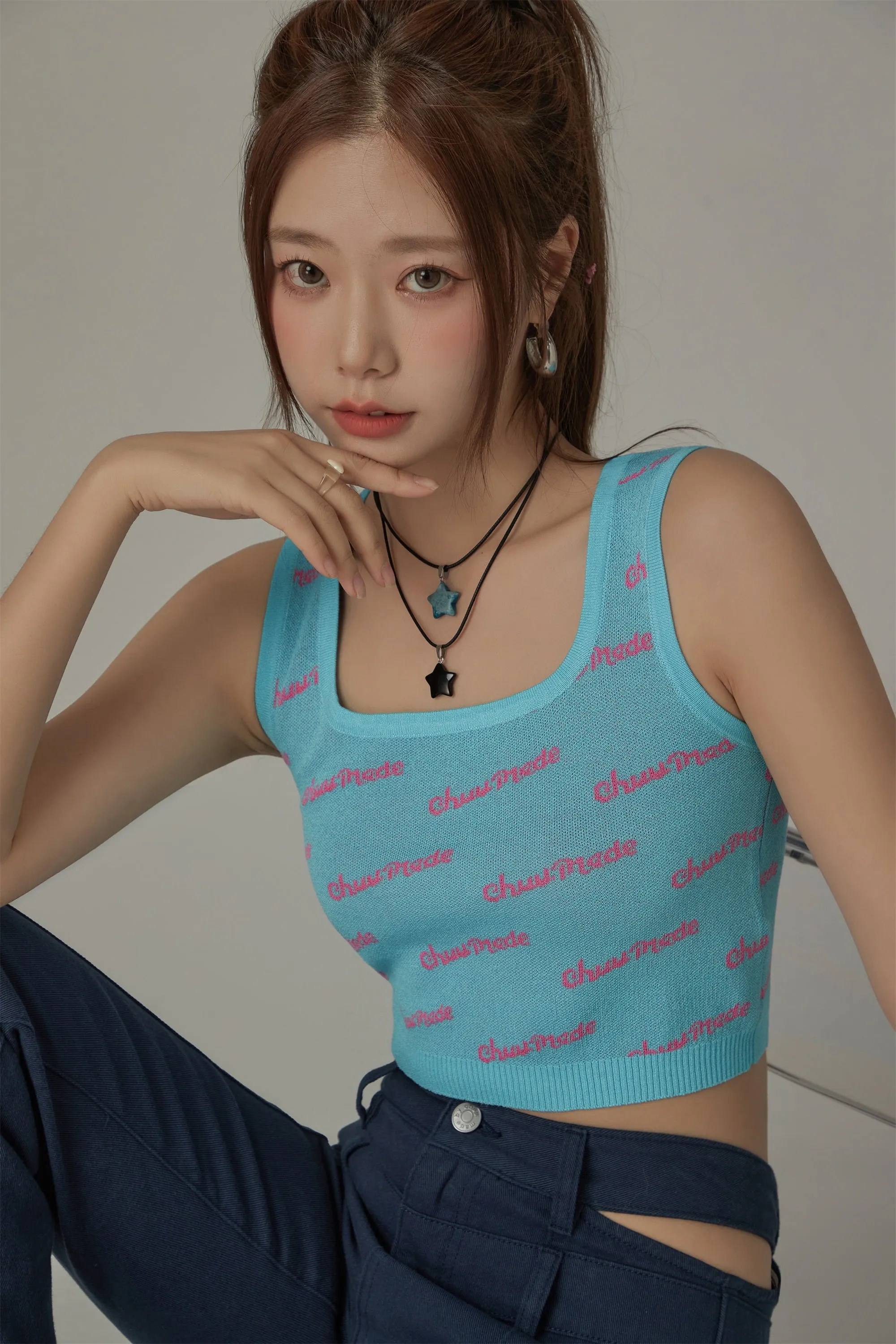 Lettering Square Neck Knitted Crop Top