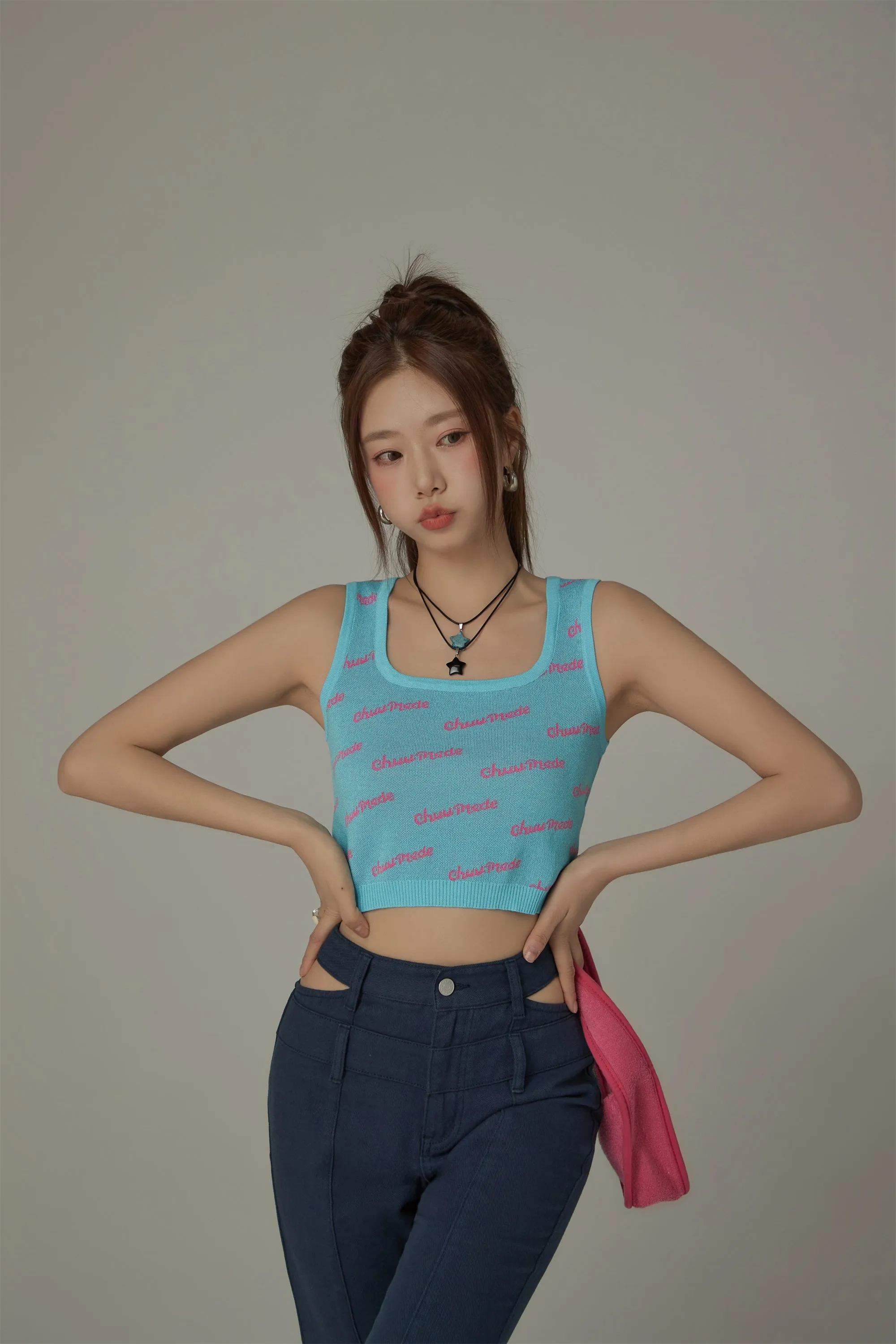 Lettering Square Neck Knitted Crop Top