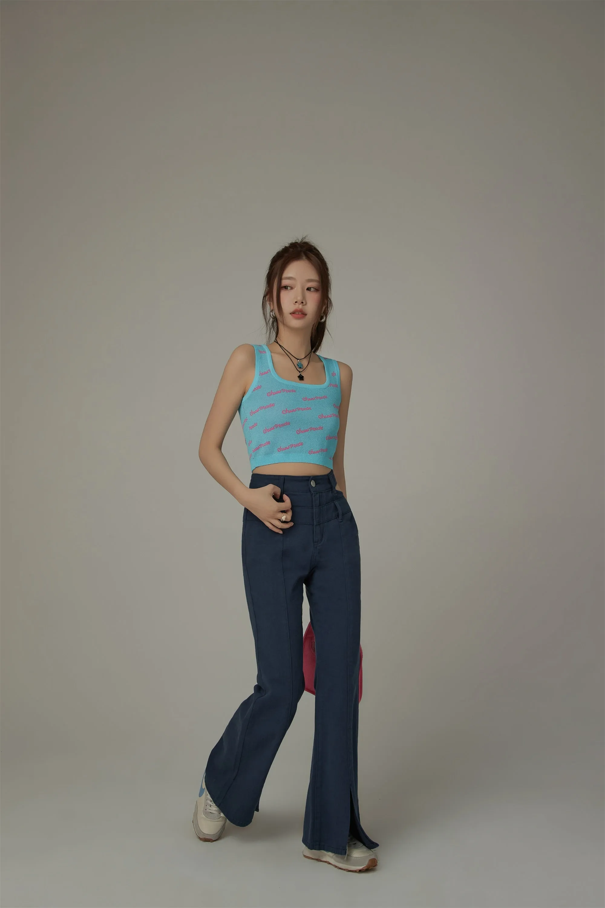 Lettering Square Neck Knitted Crop Top