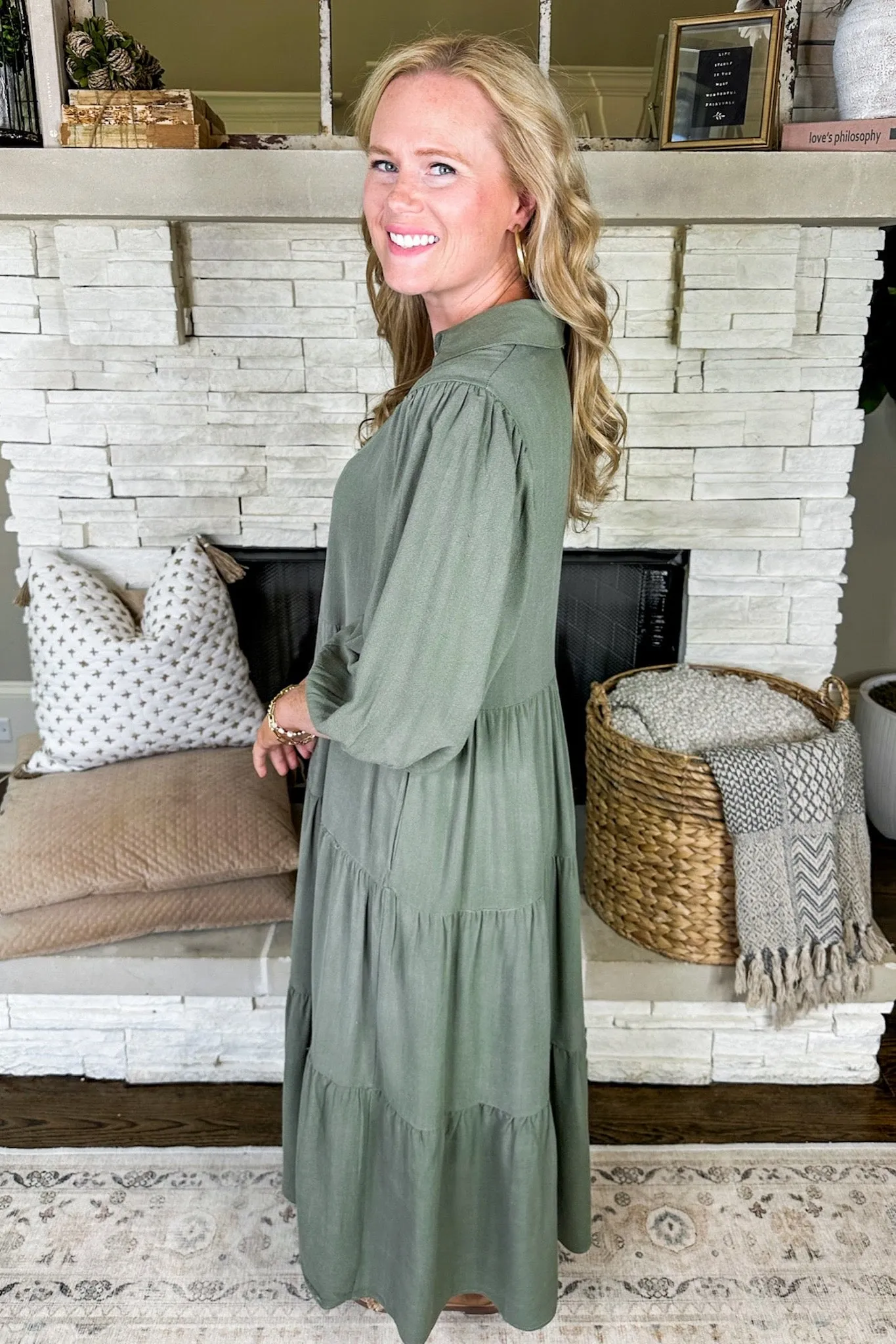 Light & Airy Button Down Tiered Midi Dress in Olive