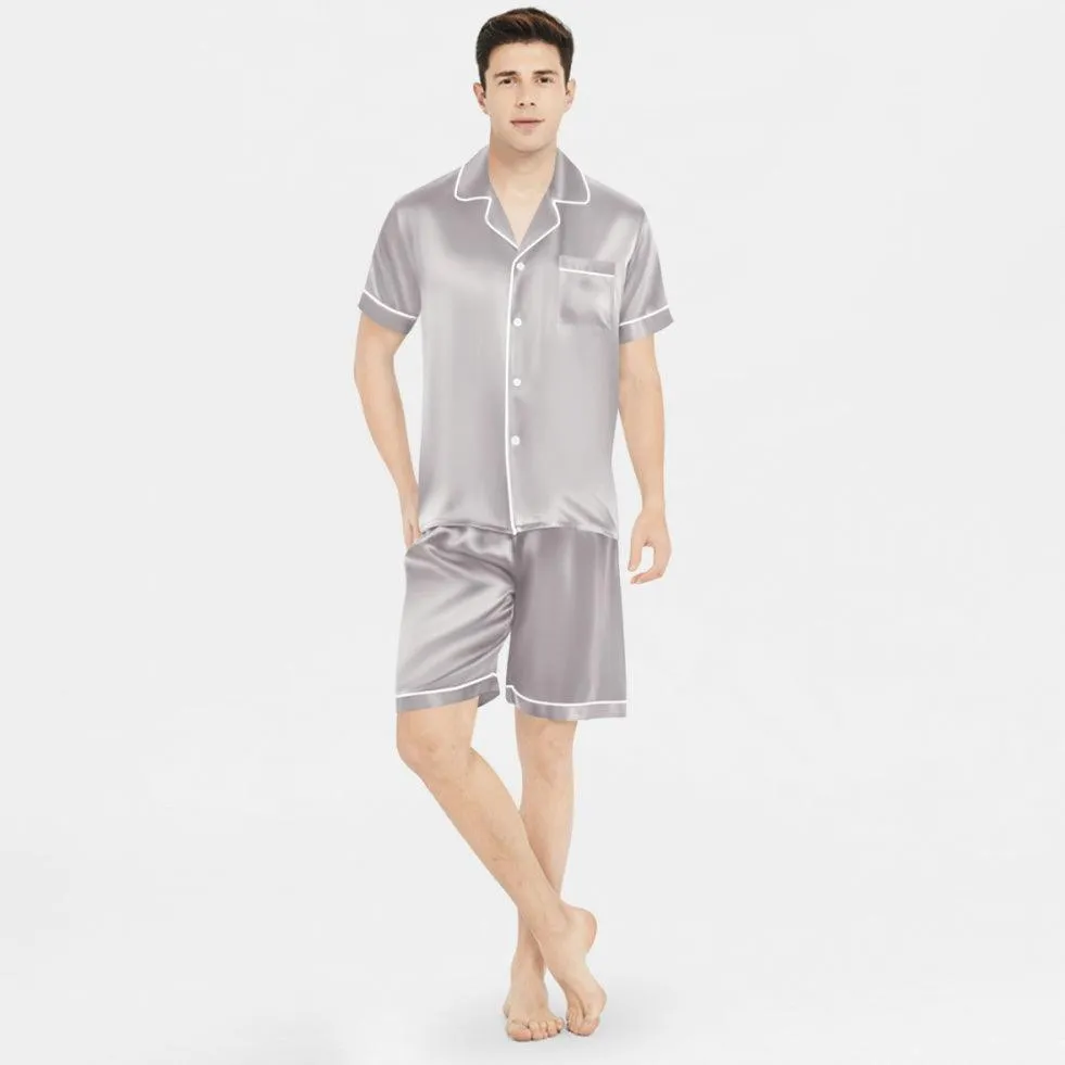 Men's 100% Silk Short Sleeve Pajamas Set Luxury Short Silk Sleepwear