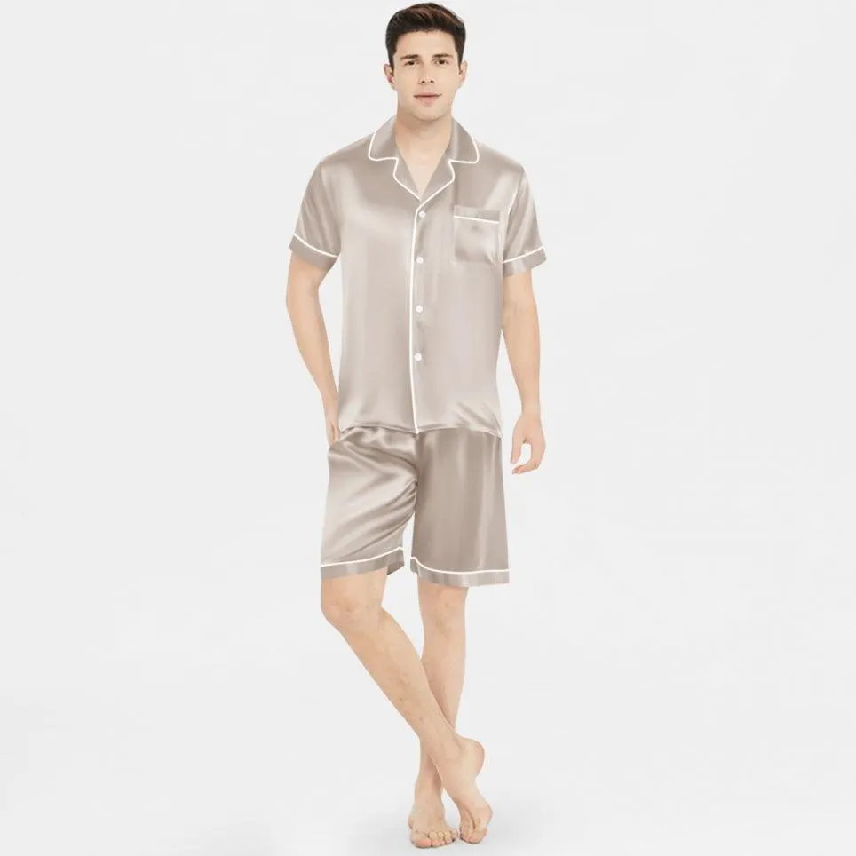 Men's 100% Silk Short Sleeve Pajamas Set Luxury Short Silk Sleepwear