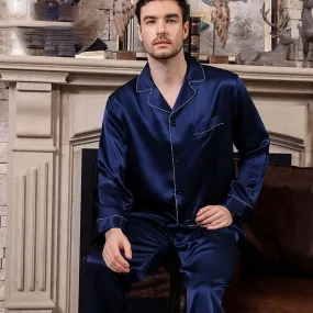 Mens Blue Long silk pajamas Set with flowers Silk Nightwear