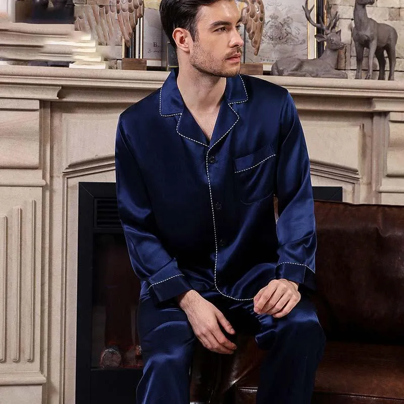 Mens Blue Long silk pajamas Set with flowers Silk Nightwear