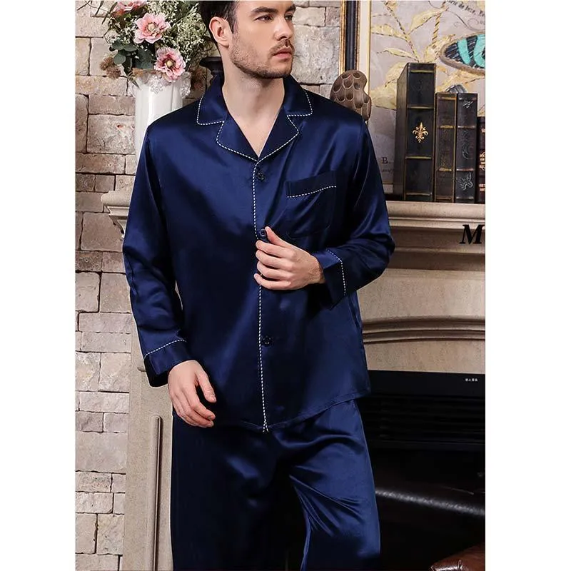 Mens Blue Long silk pajamas Set with flowers Silk Nightwear