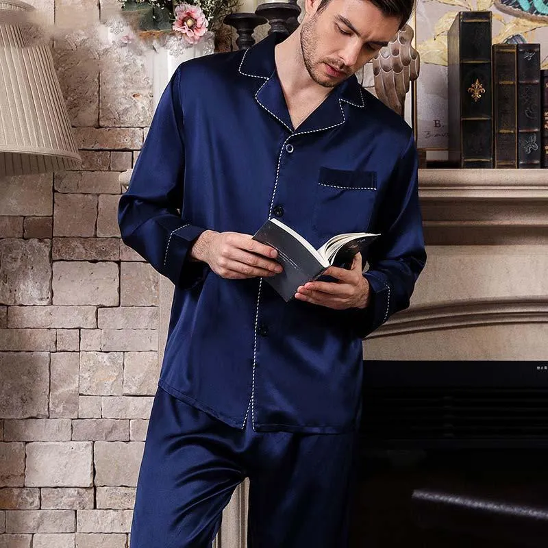 Mens Blue Long silk pajamas Set with flowers Silk Nightwear